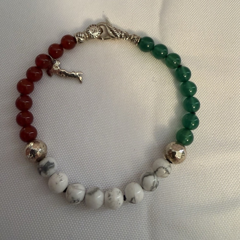JAI Sterling Silver Red Green White Marble Beaded Italy Bracelet 7.5"